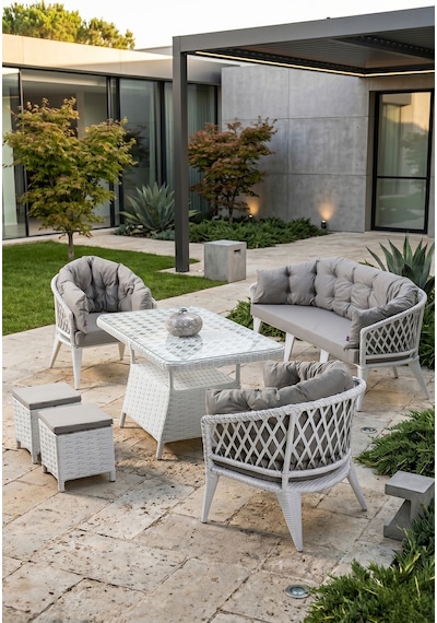 Liatris Serisi 1. Sınıf 3+1+1+2 Puf Beyaz Rattan Gri Minder Bahçe Balkon Oturma Koltuk Takımı Liatris Serisi 1. Sınıf 3+1+1+2 Puf Beyaz Rattan Gri Minder Bahçe Balkon Oturma Koltuk Takımı