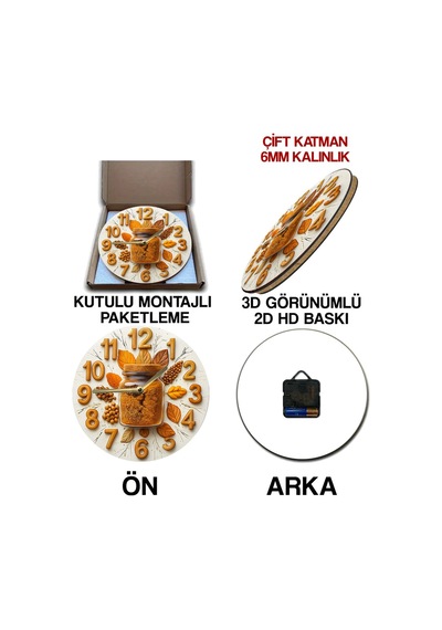 Zamanın Baharatı Kavanoz Temalı Sessiz Yuvarlak Ahşap Duvar Saati, Kuvars Coffe Desen 2d Sdw209 Renkli