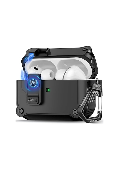 Airpods Pro 3 İle Uyumlu Manyetik Kilitli Zırhlı Kılıf - Darbeye Dayanıklı Koruyucu Kapak - Karabinalı Endüstriyel Tasarım