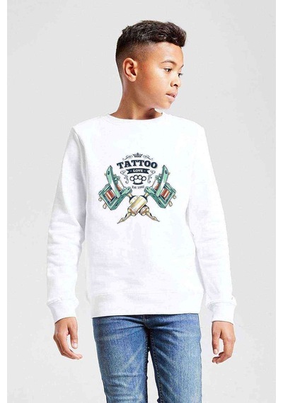 Tshirthane Tatto Love Retro White Baskılı Unisex Çocuk Beyaz Sweatshirt Beyaz