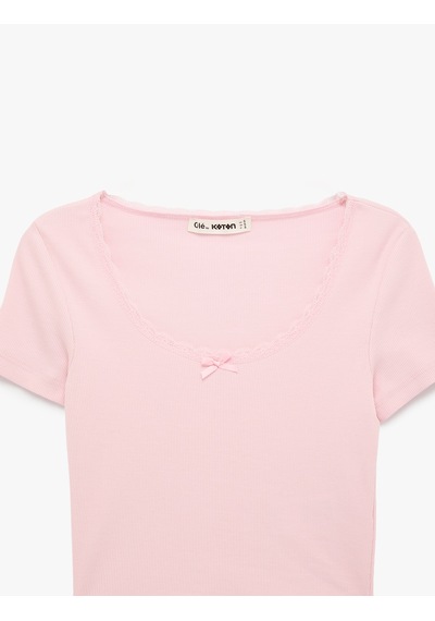 Koton Kısa Kollu U Yaka Slim Fit Pamuklu Crop Tişört Pembe 6sal10015ık Gül