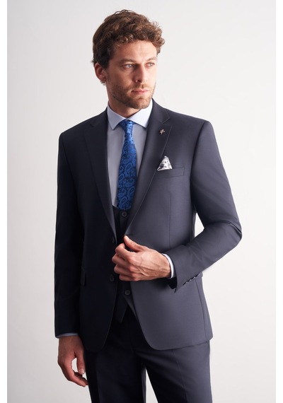 İmza Lacivert Mono Yaka Yelekli 6 Drop Slim Fit Tam Astar Esnek Takım Elbise 1001260186 Basic Lacivert