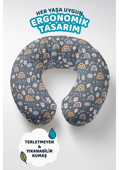 Gökkuşağı Bulut Çiçek Desenli Boyun Yastığı - Pastel Gri Sarı Yumuşak Seyahat Yastığı Çok Renkli