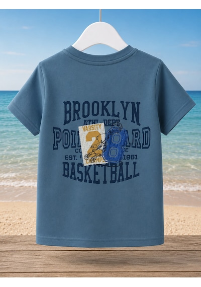 Pokipo Erkek Çocuk Brooklyn Baskılı Kısa Kollu Tişört Ve Şort 2 Li Yazlık Takım - Mavi açık mavi