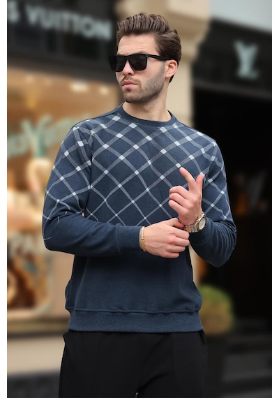 Madmext İndigo Desenli Bisiklet Yaka Triko Kazak 6019 İndigo
