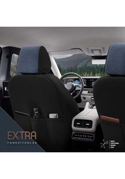 Voyager Design Boyun Ve Bel Destekli Premium Deri-keten Ultra Konforlu Universal Oto Koltuk Kılıfı Tam Set Mavi Genel