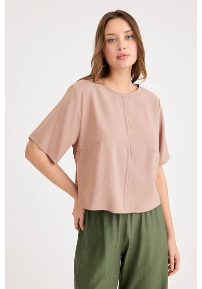 Vitrin Yuvarlak Yaka Kısa Kol Crop Bluz CAMEL