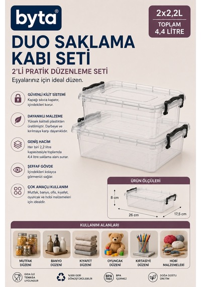 2'li Kilitli Kapaklı Şeffaf Saklama Kabı Seti 2x2,2 Litre Çok Amaçlı Organizer Bpa İçermez Şeffaf