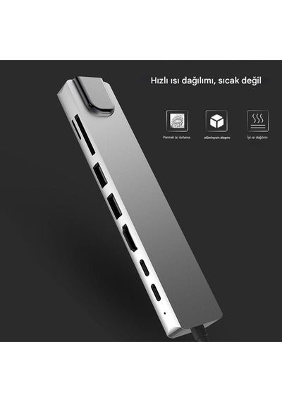 8 İn 1 Type-c Çıkışlı Çoklu Çevirici Adaptör Ethernet Hdmı Usb Çoklayıcı Sd Tf Kart Okuyucu Usb Hub