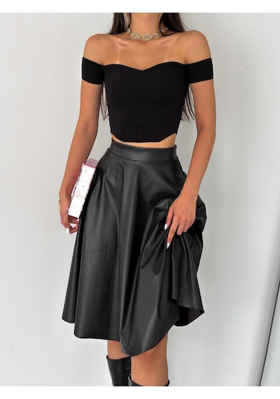 Ozy Fashion Siyah Yüksek Bel,içi Şardonlu,beli Lastikli,deri Kroşe Etek Siyah