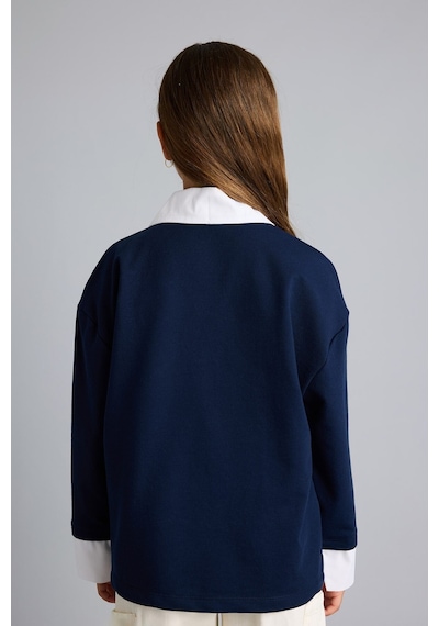 Defacto Regular Fıt Polo Yaka Slogan Baskılı Sweatshirt Kumaşı Uzun Kollu Polo Tişört Kız Çocuk I1642a826aunv244 Lacivert-nv244