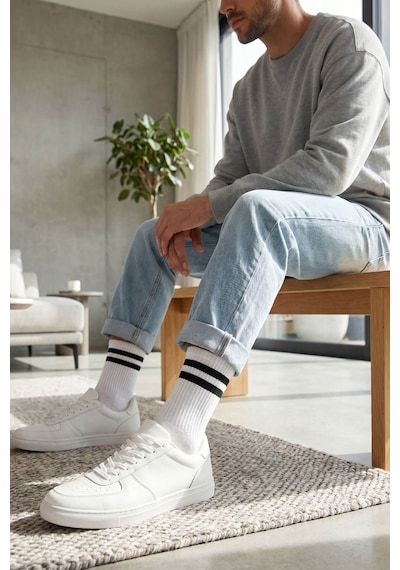 6Lı Unisex Pamuklu Çizgili Spor Soket Çorap