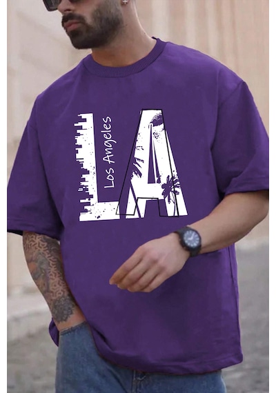 Unisex Los Angles Baskılı Tasarım Tshirt Mor