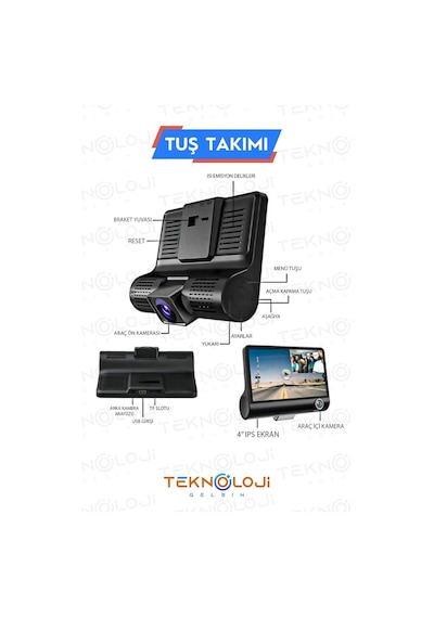 Tr Lcd Ekranlı 170 Geniş Açı 1080p İçi Kamera Gece Görüşlü 3 Kameralı G-sensör İle Uyumlu Yol Kayıt