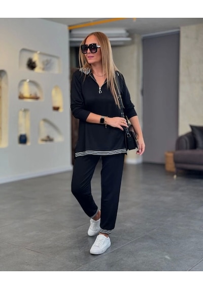 Defymoda Kadın Uzun Kollu Ribana Ve Fermuar Detay Bluz Ve Yüksel Bel Pantolon 2li Takım Siyah
