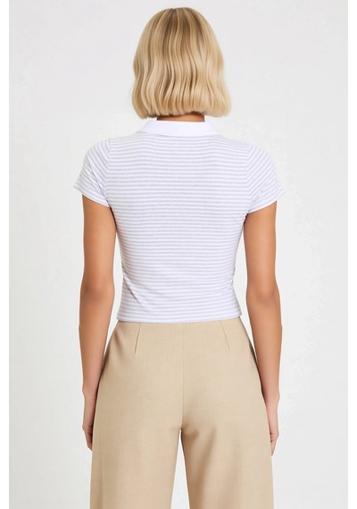 Benerly Kadın Bluz Polo Yaka Kısa Kol Fitted Kalıp Çizgili Desen Crop Boy Açık Gri