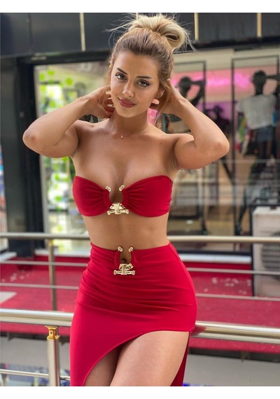 Pink Life Kırmızı Tokalı Etekli İkili Takım Kırmızı