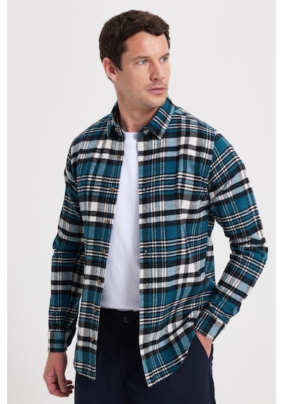 Tudors Erkek Slim Fit Dar Kesim Kareli Kışlık Oduncu Gömlek-42341 Petrol