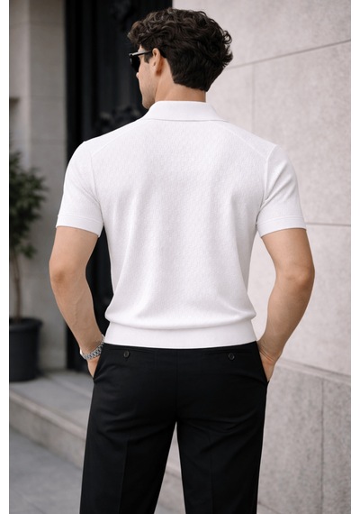 Cool Tarz Erkek Fermuarlı Polo Yaka Triko Tişört Slim Fit Dokulu Yazlık Şık Casual Beyaz Beyaz