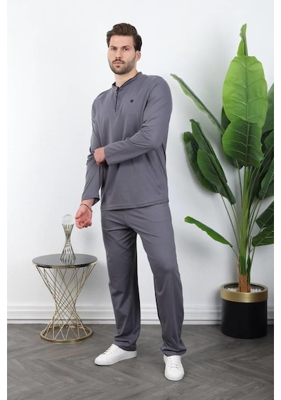 Madmext Füme Düğmeli Yaka Erkek Pijama Takımı E7333 Füme