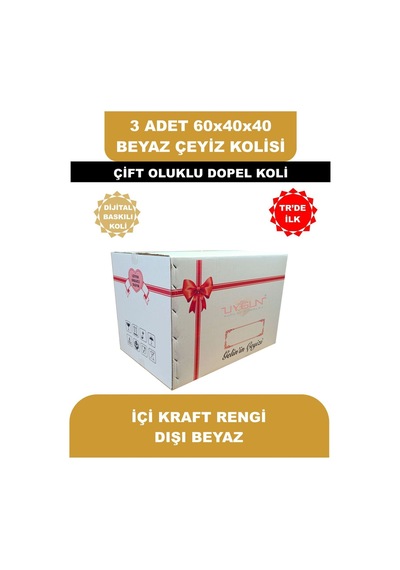 3 Adet 60x40x40 Kurdale Baskılı Beyaz Çeyiz Kolisi, İsim Yazma Alanı Renkli Baskı, Çift Oluklu