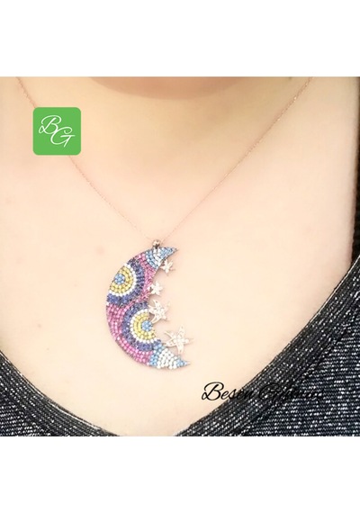 Renkli Zirkon Taşlı Ay Yıldızlar Kolye Rose - Gold -  Gümüş