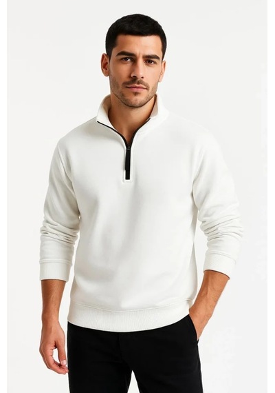 Erkek Dik Yaka Sweatshirt Dik Yaka Yarım Fermuarlı 3 İplik Şardonlu Pamuk Kumaş - Beyaz