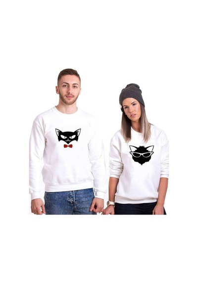 Tshirthane Cat Sevgili Kombinleri Unisex Sweatshirt Kırık Beyaz