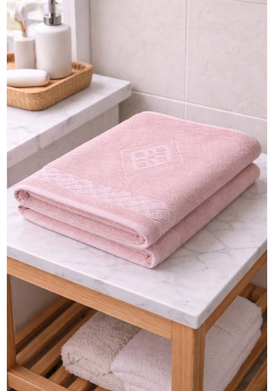 Eponj %100 Pamuk 70x140 Jakarlı Banyo Havlusu 450 Gr Kendinden Desenli Pembe