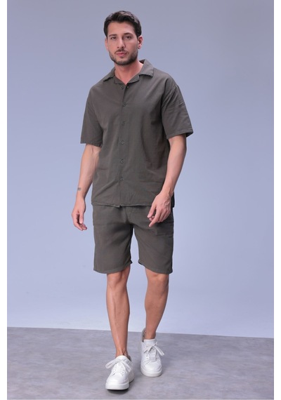 Erkek Rahat Kalıp Cepli Keten Gömlek Ve Beli Lastikli Şort Yazlık Oversize Takım Haki