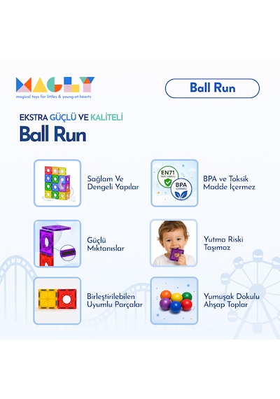 Magly Ball Run Parkur Oyunu Çocuklar İçin Renkli 3 Boyutlu 101 Parça Yapı Seti - Manyetikler Ve Yollar