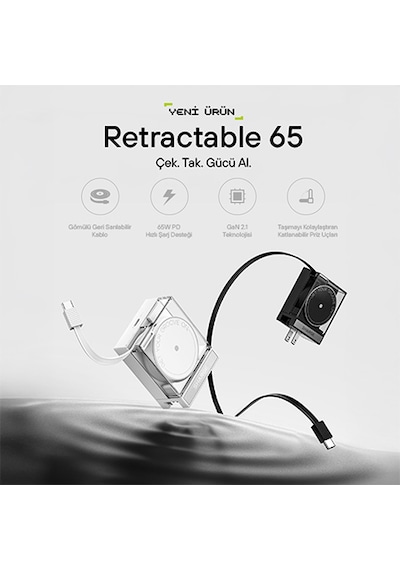Sharge Retractable 65 Gan Şarj Cihazı - Beyaz
