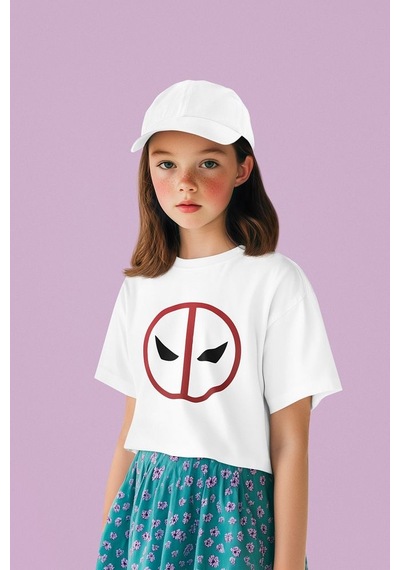 Sevbano Tasarım Deadpool Maske Baskılı Unisex Film Kahramanı Çocuk Tişört Beyaz