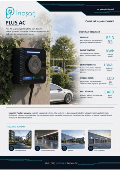 İnoşarj Plus Ac 22 Kw Rfıd Kartlı Bakiye Yönetimli Type 2 Soketli Elektrikli Araç Şarj İstasyonu