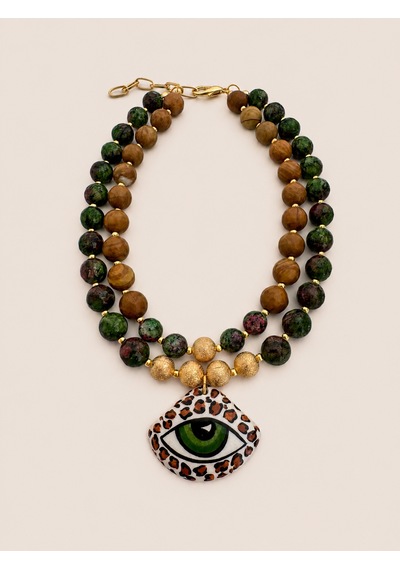 El Yapımı Anyolit & Wood Jasper Doğal Taş İkili Kolye Seti Kahverengi - Yeşil