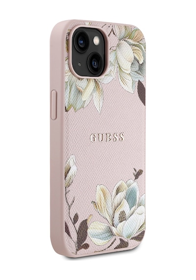 Apple Uyumlu iPhone 15 Kılıf Guess Lisanslı M-safe Özellikli Taneli Çiçek Tasarımlı Metal Yazı Logolu Kapak Pembe