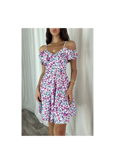 DefyModa Kadın Minimal Esnek Krep Kumaş Kruvaze Yaka Volanlı Abiye Elbise Beyaz