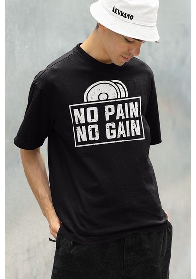 No Pain No Gain Gym Fitness Temalı Oversize Unisex Tişört Siyah