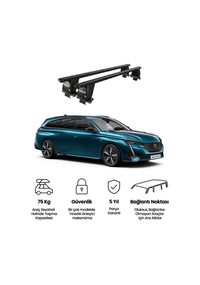 Royal Peugeot 308 Station Wagon 2021 Ve Sonrası Uyumlu Siyah Kilitli Ara Atkı Port Bagaj Tavan Barı