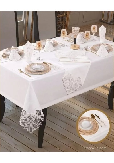 Taç Keten Yemek Takımı Masa Seti 12 Kişilik 26 Parça Supla Runner Set Krem-krem