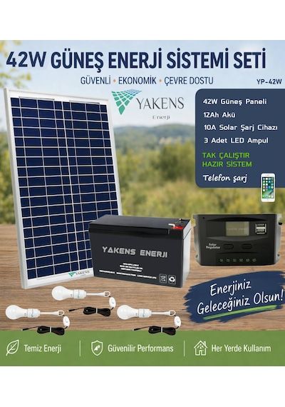 42w Hazır Solar Paketi Güneş Paneli Enerji Sistem 12ah Akü + 10a Şarj Kontrol Cihazı + 3 Led Ampul Hazır Solar Paket