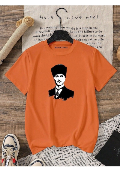 Atatürk Baskılı Oversize Unisex Tişört Turuncu