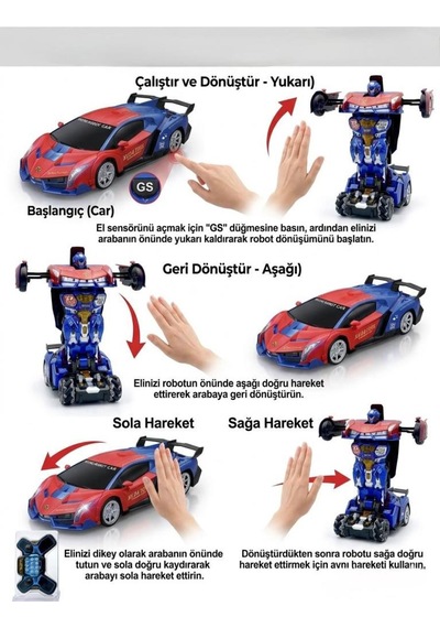Uzaktan Kumandalı Işıklı Sesli Müzikli Sensörlü Sprey Efektli Form Değiştiren Oyuncak Robot Araba Çok Renkli