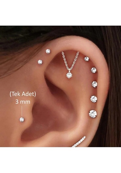3 Mm Tektaş Cerrahi Çelik Piercing Tragus Helix Kıkırdak Conch Gümüş Renk 8 Mm Altın