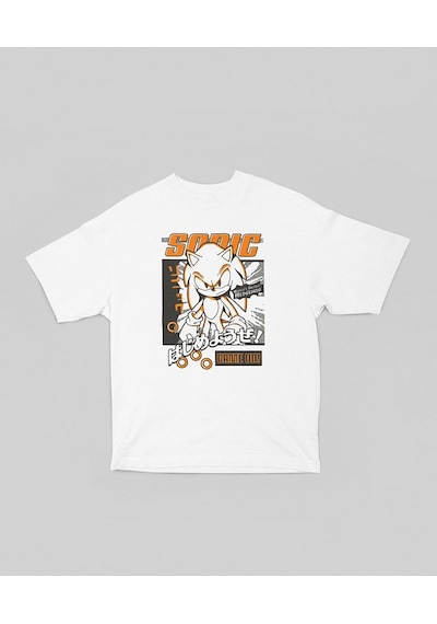 Sonic Hedgehog Baskılı Unisex Oversize Çizgi Film Tişört Beyaz