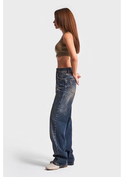 Itsbasic Kadın Koyu Tint Rengi Lora Loose Fit %100 Koton Ortabel Denim Jean Koyutint