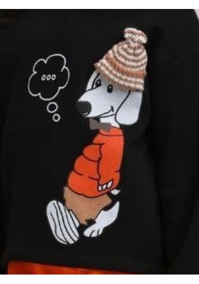 Kız Çocuk İçi Şardonlu Köpek Baskılı Kapüşonlu Sweatshirt-13615 Siyah
