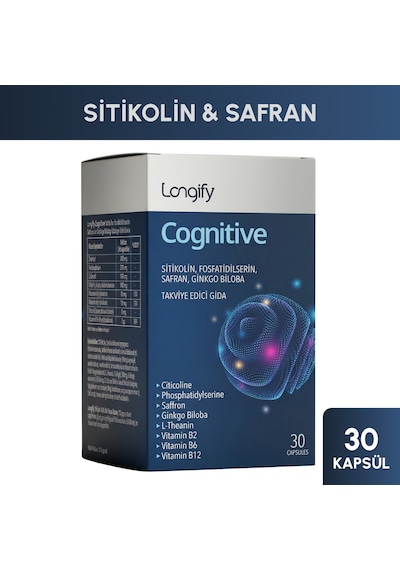 Longify Cognitive Sitikolin, Fosfatidilserin, Safran, Ginkgo Biloba, L-teanin, B2, B6 Ve B12 Takviye Edici Gıda 30 Kapsül