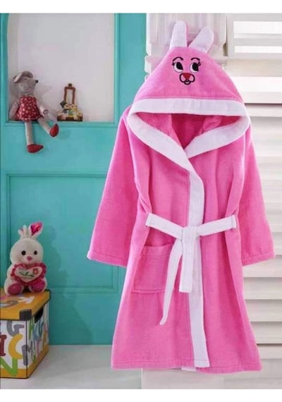 Çocuk Kapüşonlu Pembe Tavşan Desenli Pamuklu Bornoz Pembe