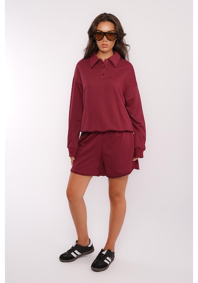 Madmext Bordo Polo Yaka Kadın Şort Sweatshirt Takım Mg2375